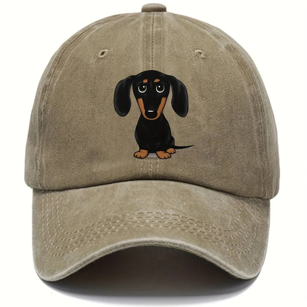 Retro washed baseball cap with embroidered Dachshund design and digital print in cotton fabric