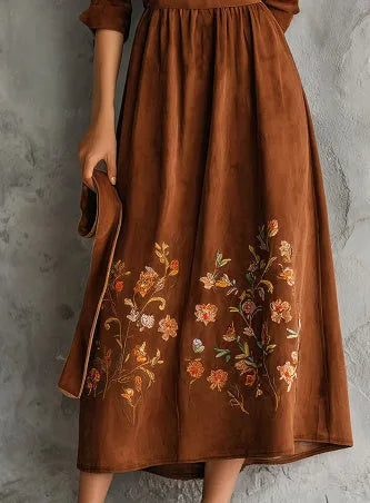 Brown floral embroidered suede-effect polyester midi dress in vintage leisure style