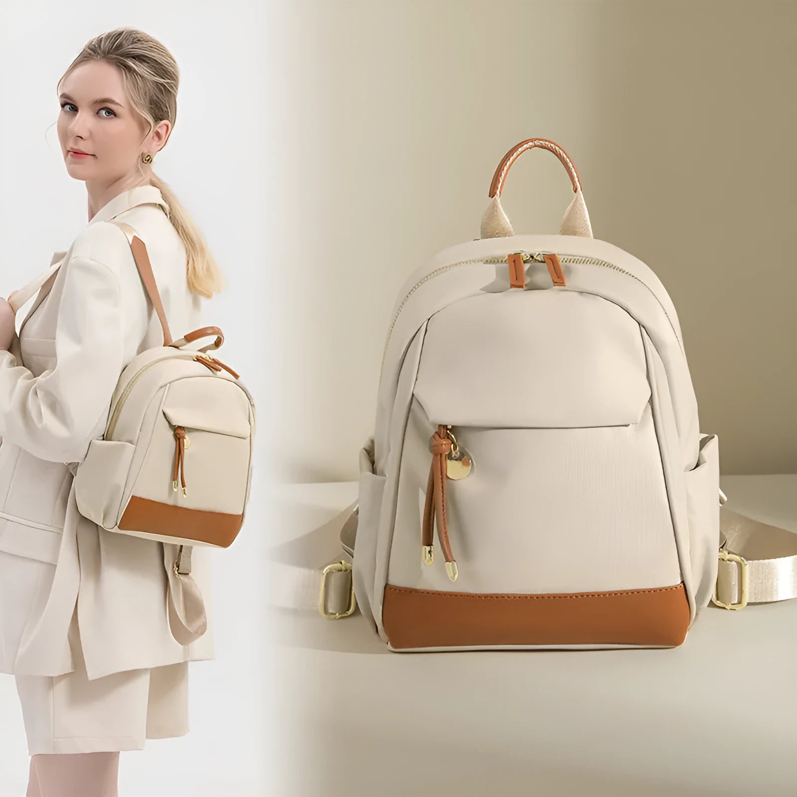 Women's double shoulder Oxford cloth backpack in almond colour with contrast stitching and open outer pocket