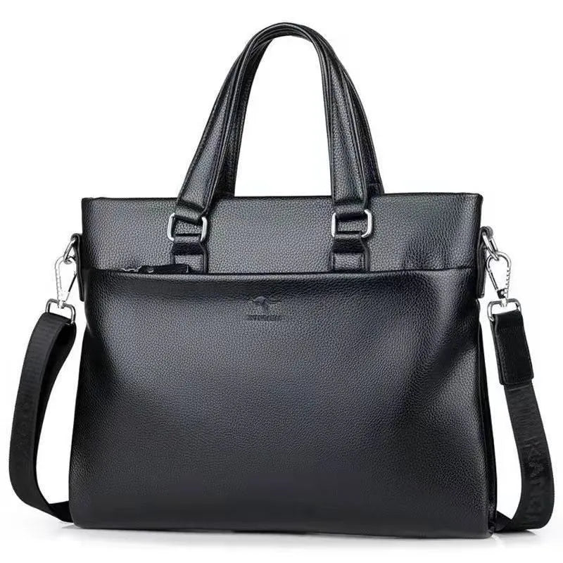 Men's PU leather business messenger bag with splicing detail, measuring 35x30x4cm