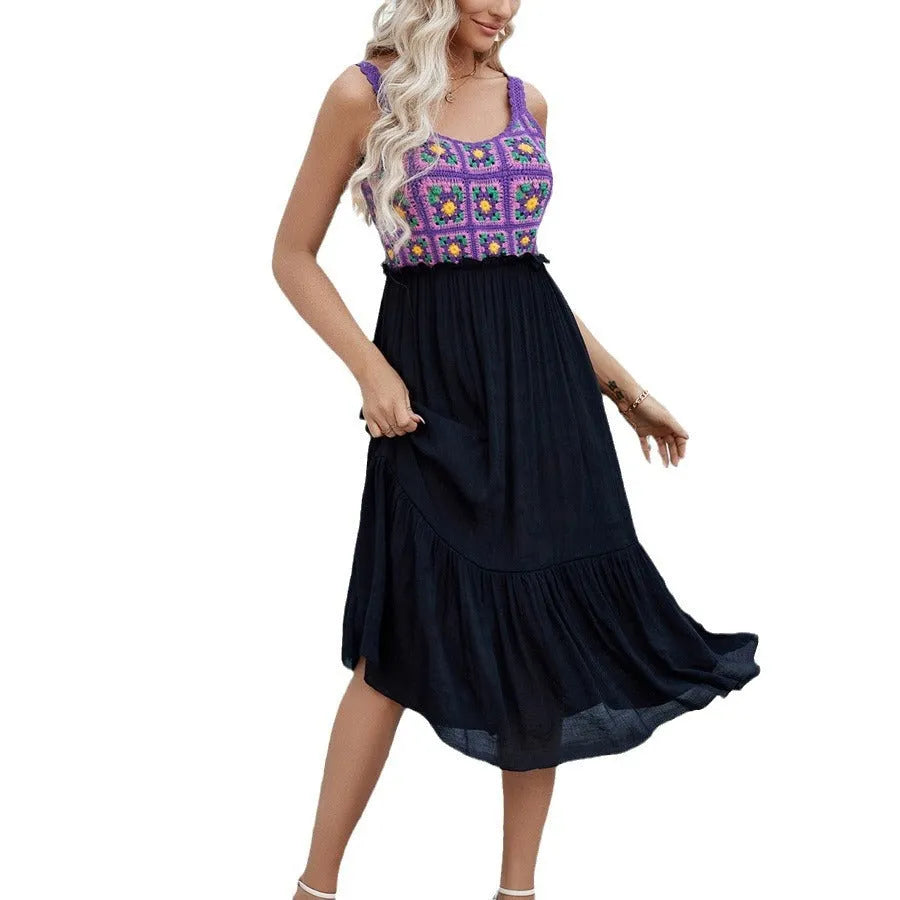 Purple sleeveless dress with hand-hook floral embroidery on cotton-blend fabric