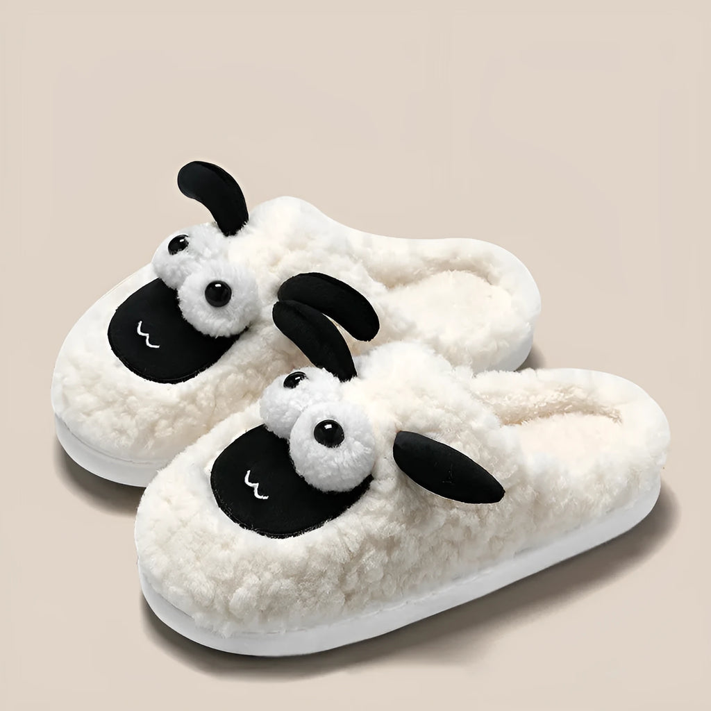 Brown, grey, and white suede and PVC slip-on slippers for indoor home use.