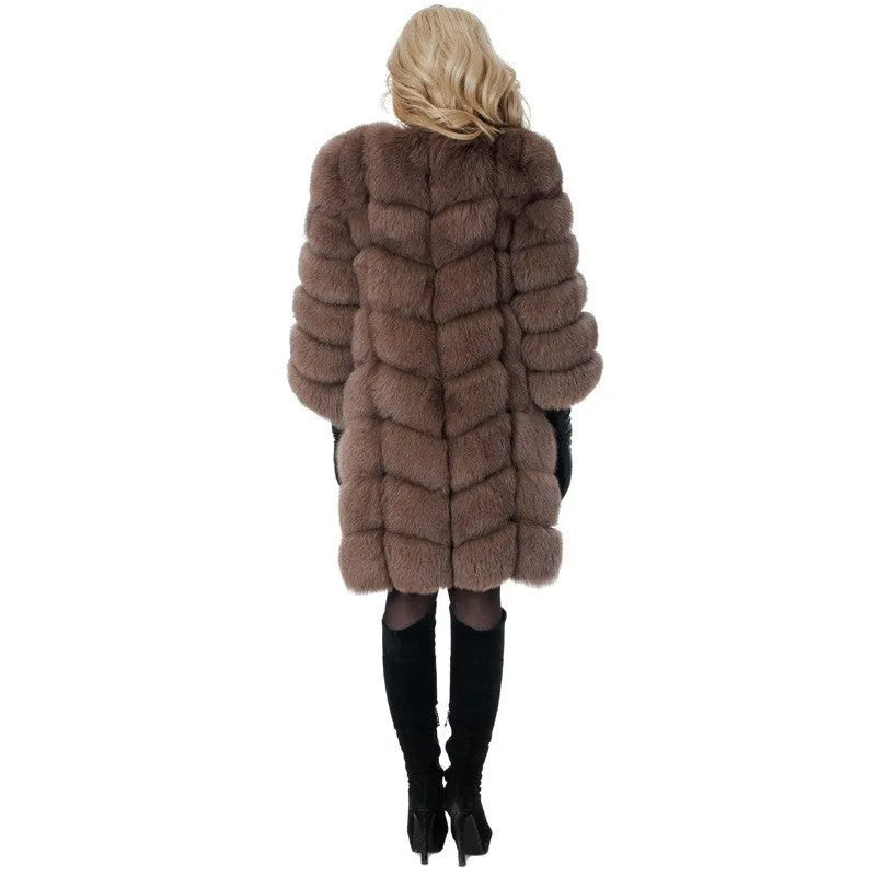 Women's thick artificial fur coat in apricot colour, shown with regular sleeves and 80 cm length