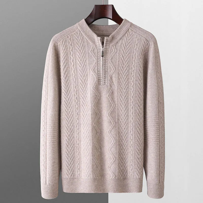 Men's grey pure wool half-zip sweater with diamond lattice pattern, loose fit, long sleeves.