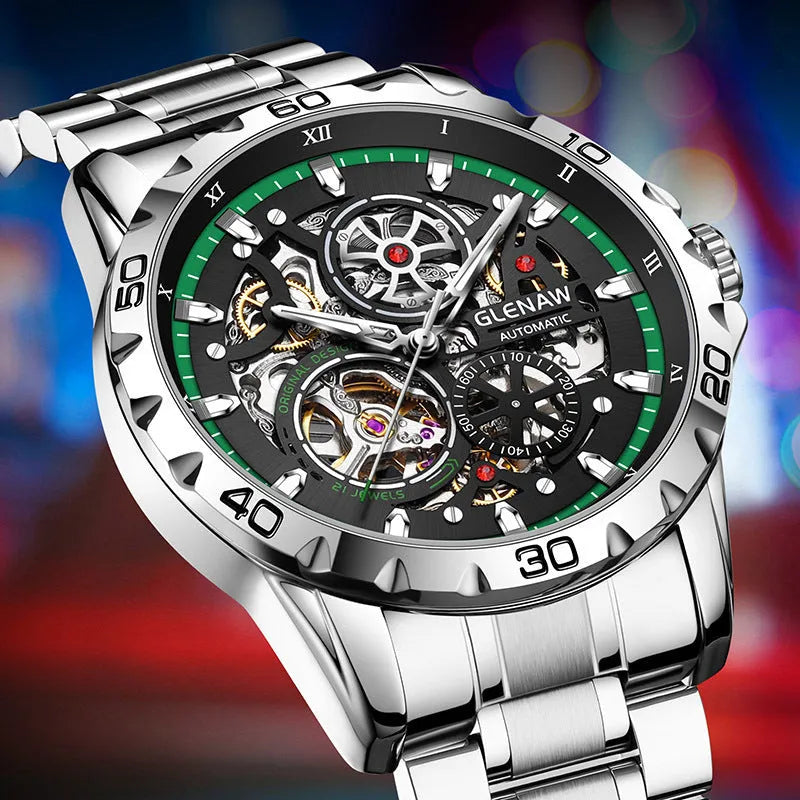 Men's automatic skeleton watch with luminous hands, silver case, and coloured steel bracelet