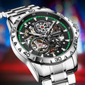 Men's automatic skeleton watch with luminous hands, silver case, and coloured steel bracelet