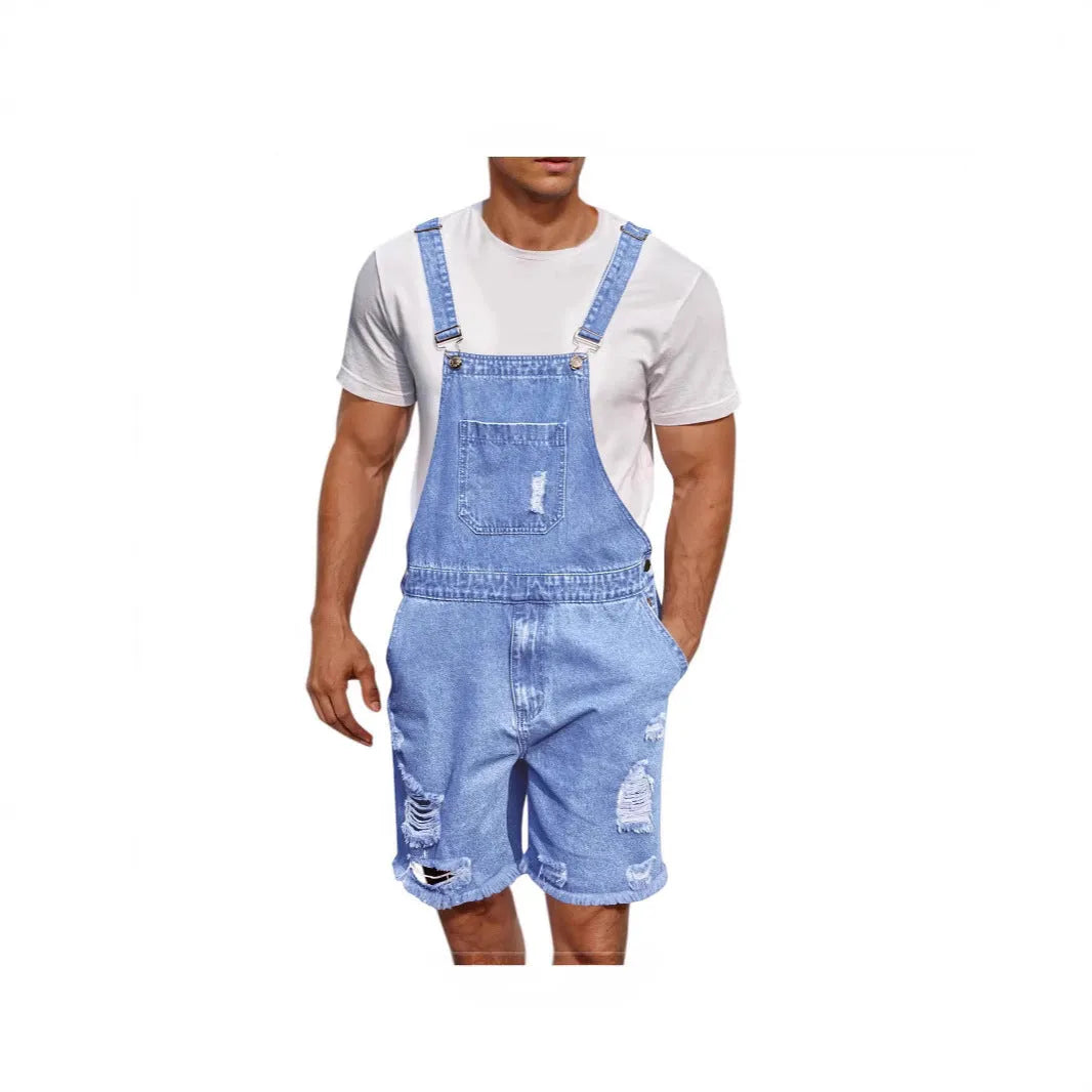 Men's dark blue ripped denim shorts with integrated suspender straps and straight-leg cut