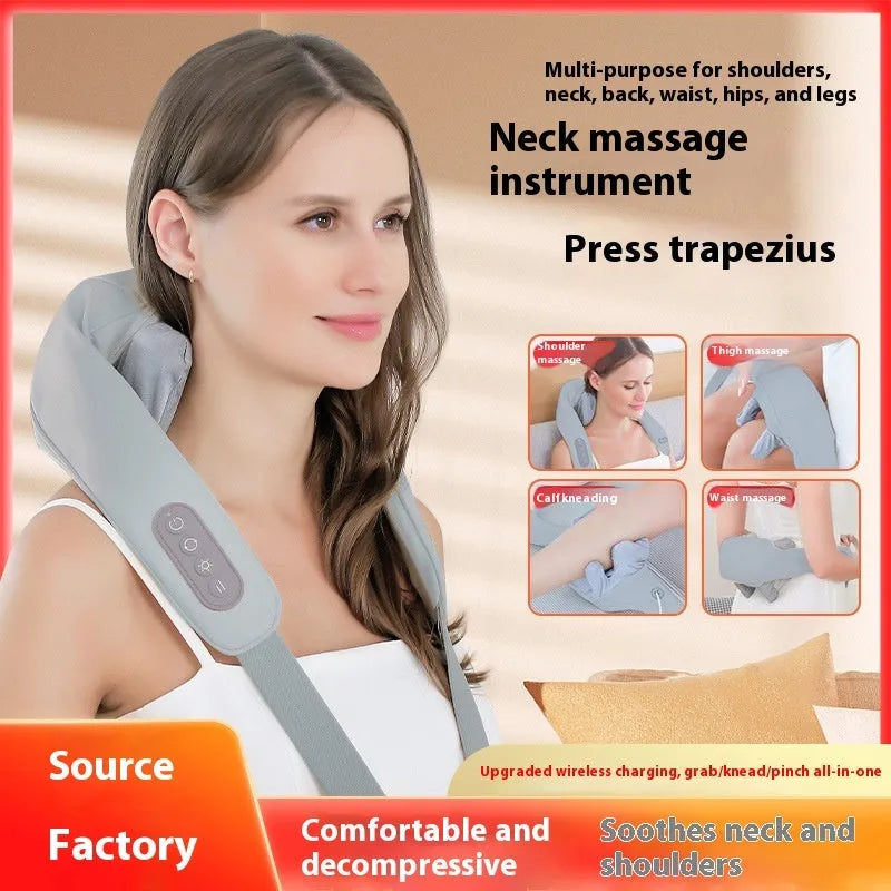 Grey elastic fabric USB neck and back massager with two speed settings and infrared function.