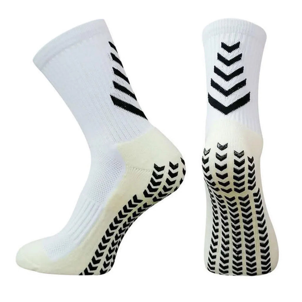 Men's mid-calf athletic socks with geometric patterns and silicone anti-slip grips