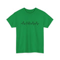 Green women's cotton T-shirt with a white creative letter print design on the front.