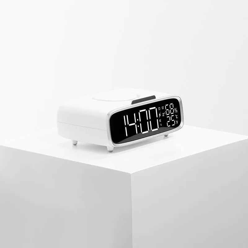 White Bluetooth speaker wireless charger with night lamp showing Qi charging surface and LED illumination