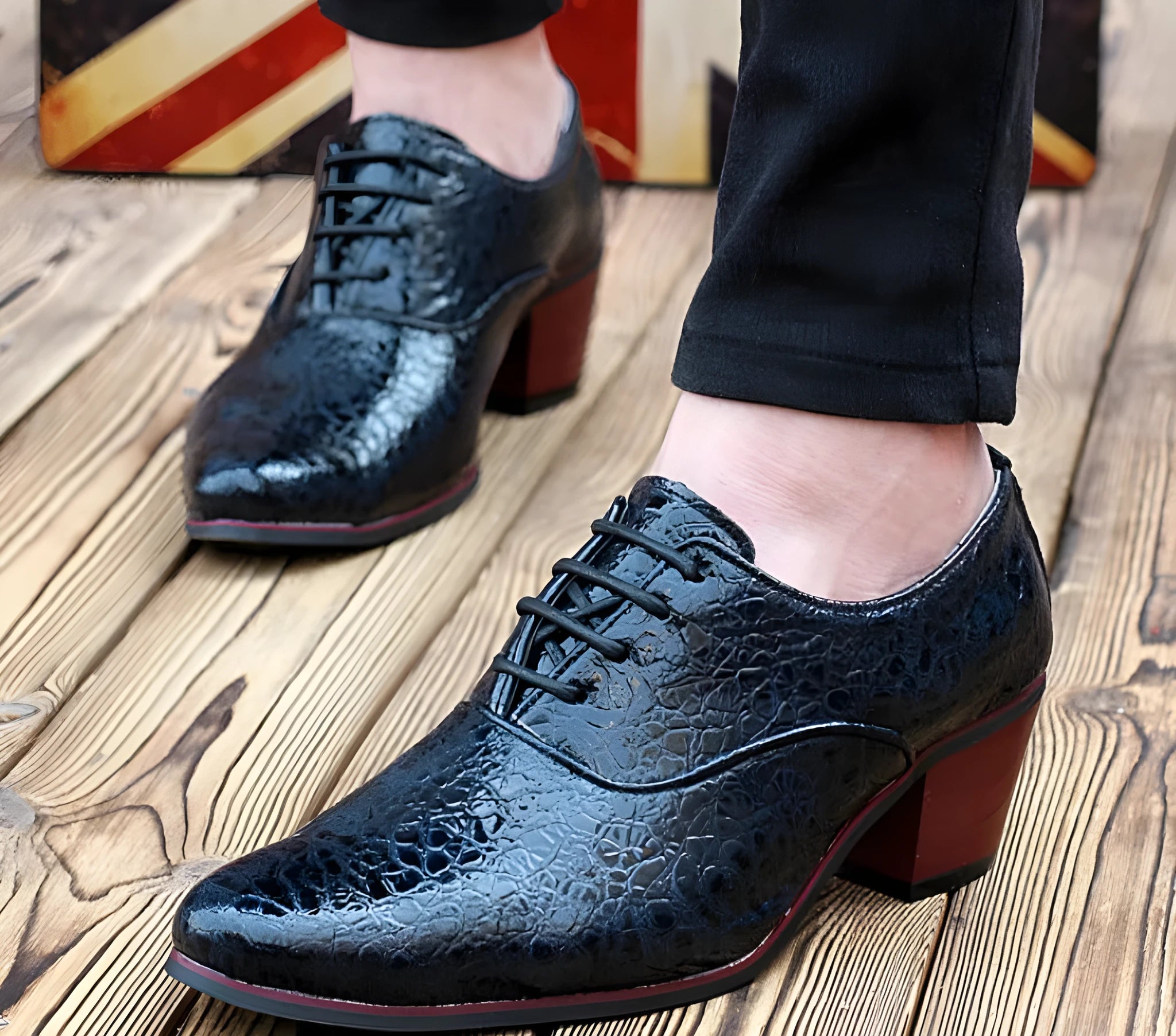 Men's casual pointed toe leather shoes in black with PU vamp and rubber sole