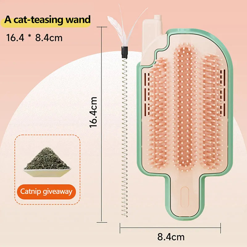 A lightweight plastic pet grooming tool for itch relief and massage, shown with optional attachments.