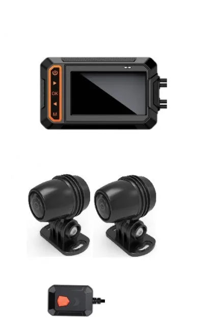 MT65 motorcycle camera with 3-inch display shown mounted on a bike armrest