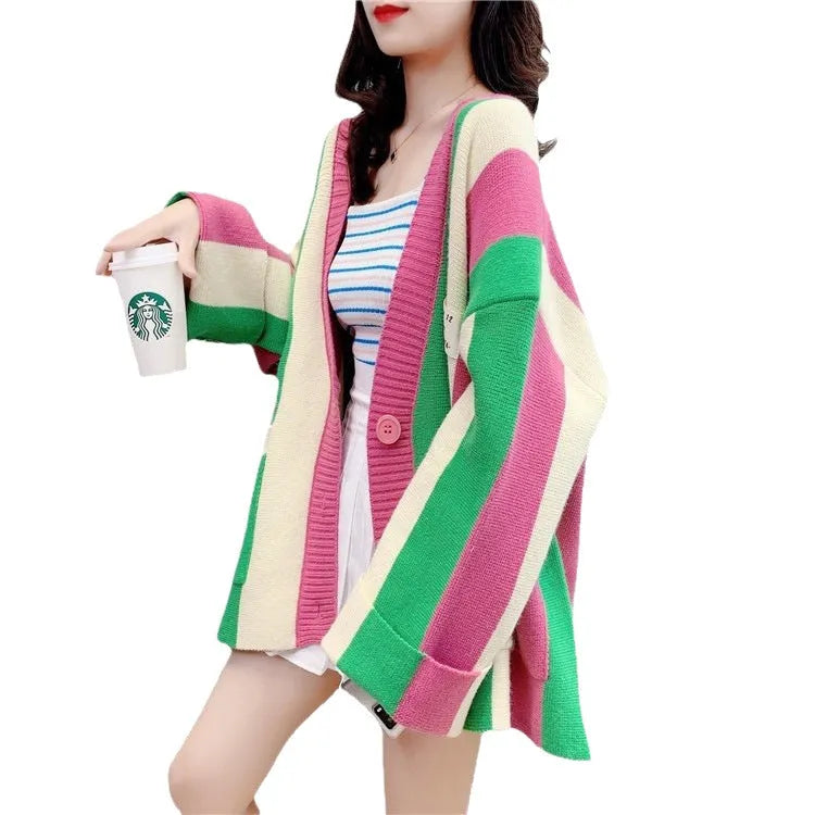 Striped colour stitching knitted cardigan for women, loose fit, long sleeves, available in green pink colourway