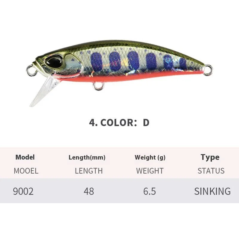 48mm submerged mino fishing lure for mandarin fish and snakehead in various colours