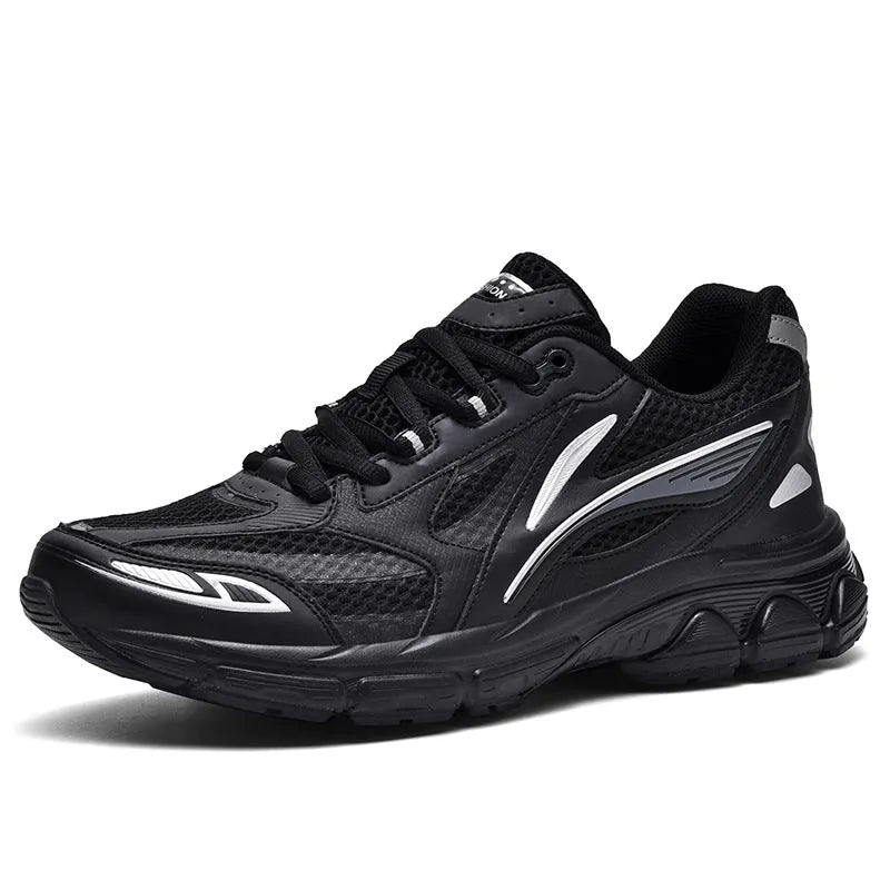 Men's breathable woven mesh sports shoes in black, low top with lace-up closure and rubber sole