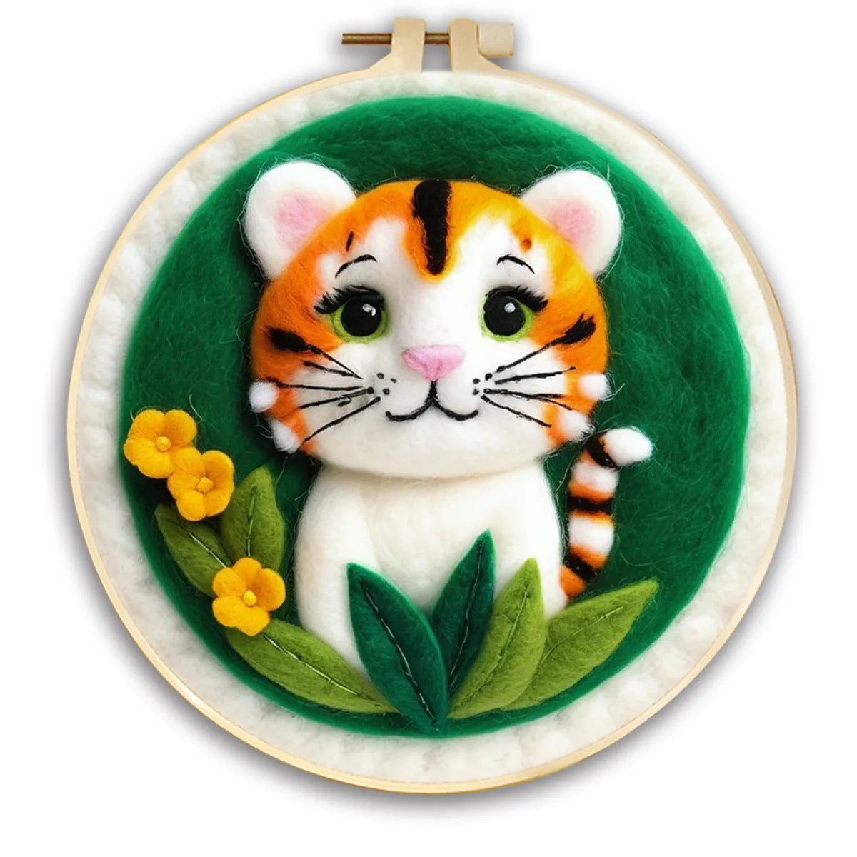 Round 20x20 cm linen embroidery kit with wool felt pieces for floral design and included embroidery frame.