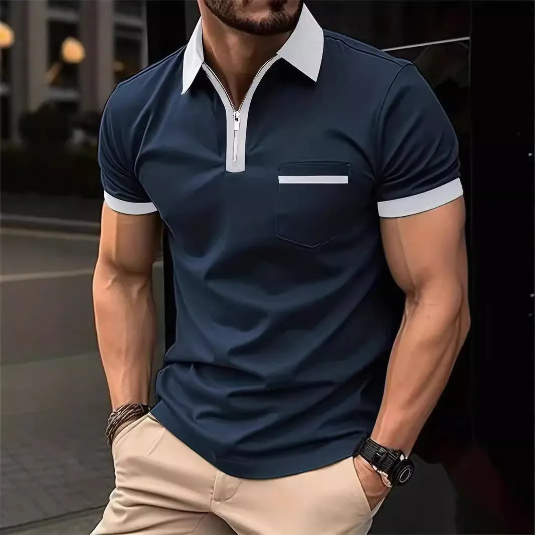 Men's loose-fit casual short-sleeve shirt with a zipper on the chest pocket, shown in a two-tone colour option.