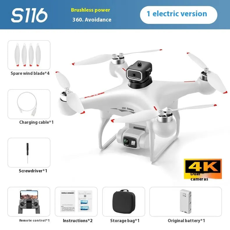 S116 black and white HD brushless UAV drone with four propellers and camera, shown with remote control.