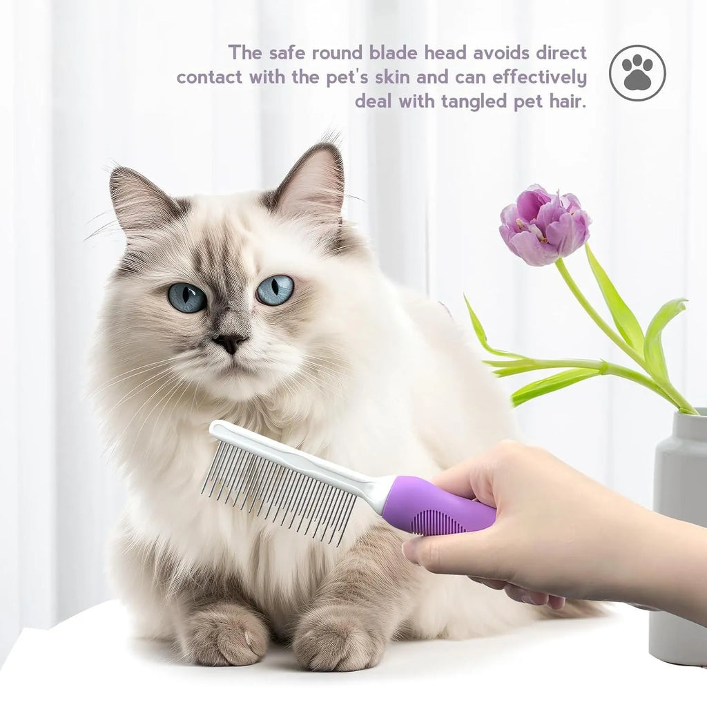 Purple handled pet comb with stainless steel teeth for detangling dog and cat fur.