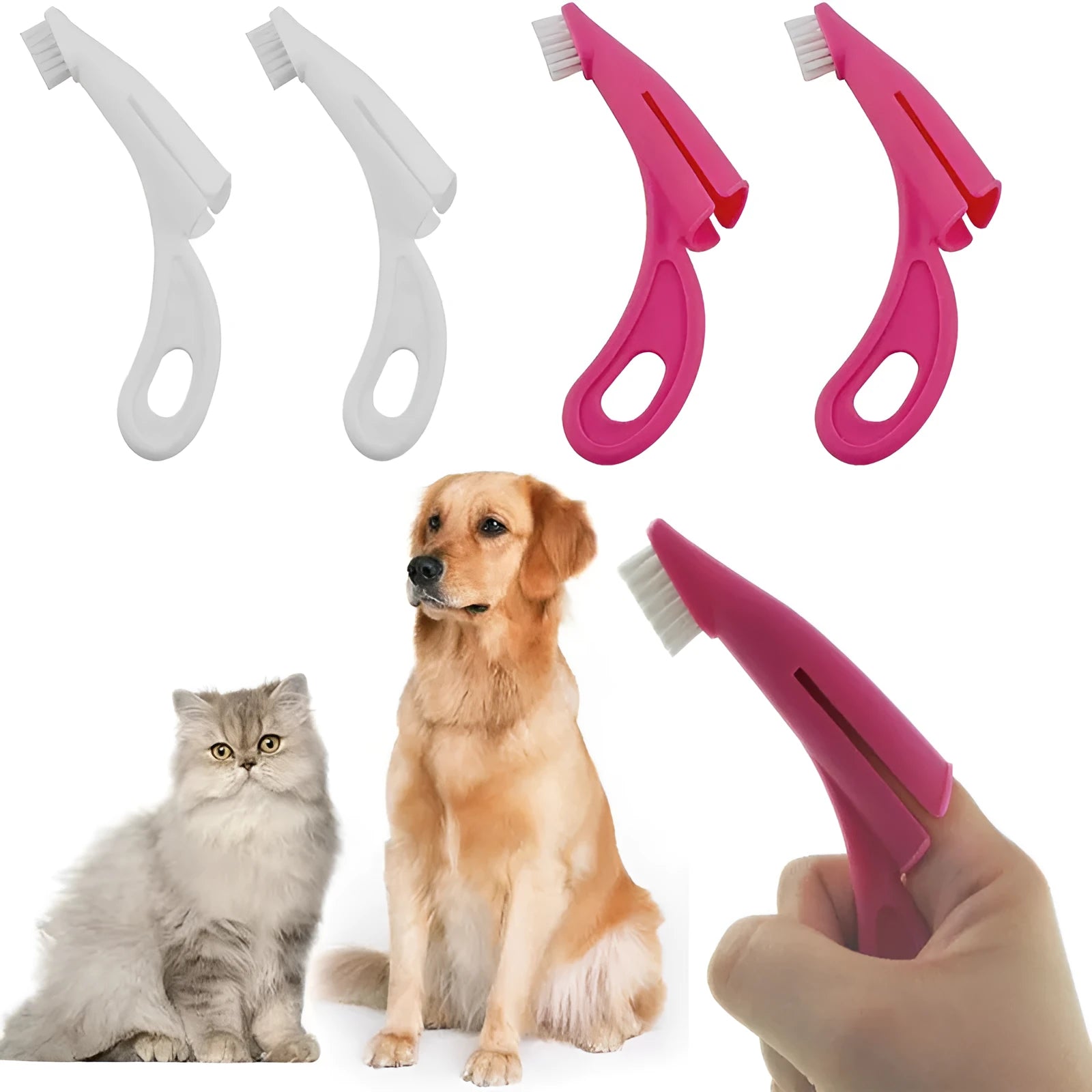 Red and white finger toothbrush for pet dental cleaning with soft silicone bristles