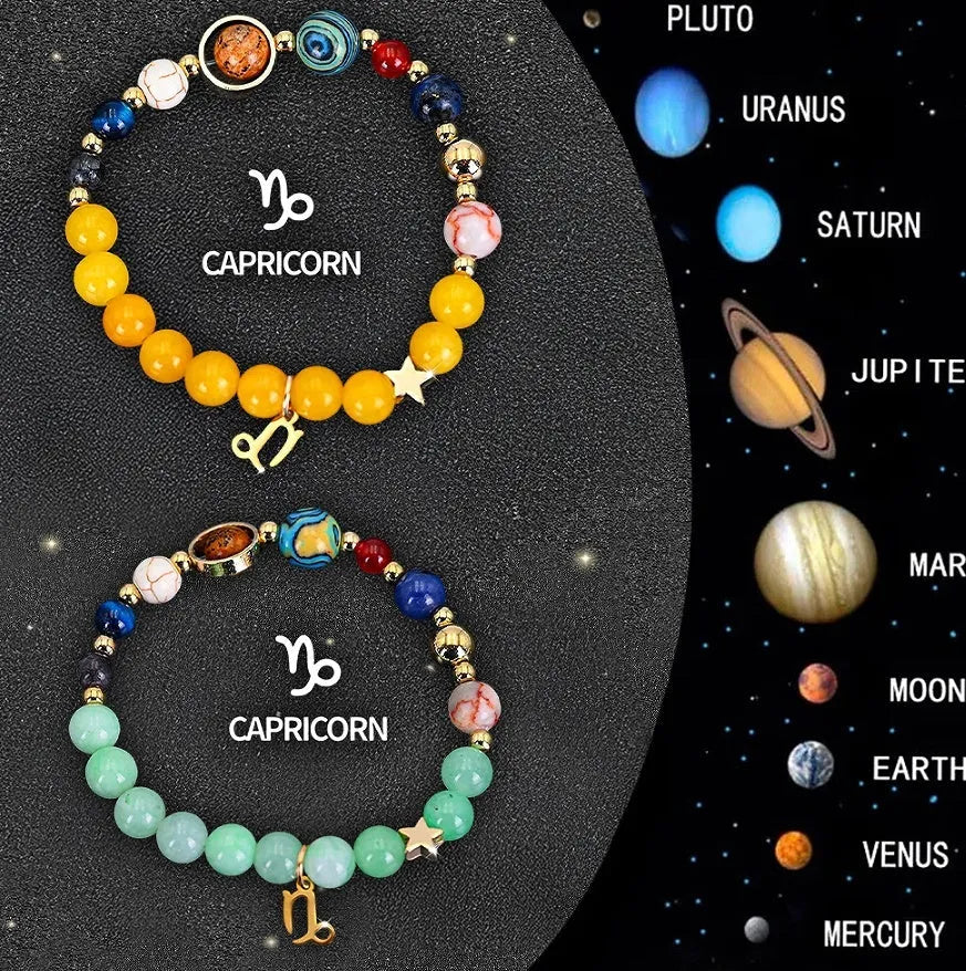 Two natural stone beaded bracelets with Chinese zodiac animal charms on an adjustable cord.