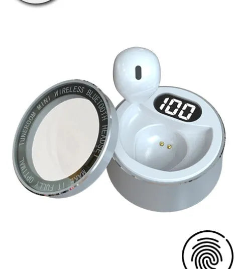 Invisible 9mm skin colour Bluetooth in-ear headset shown next to white and pink versions.