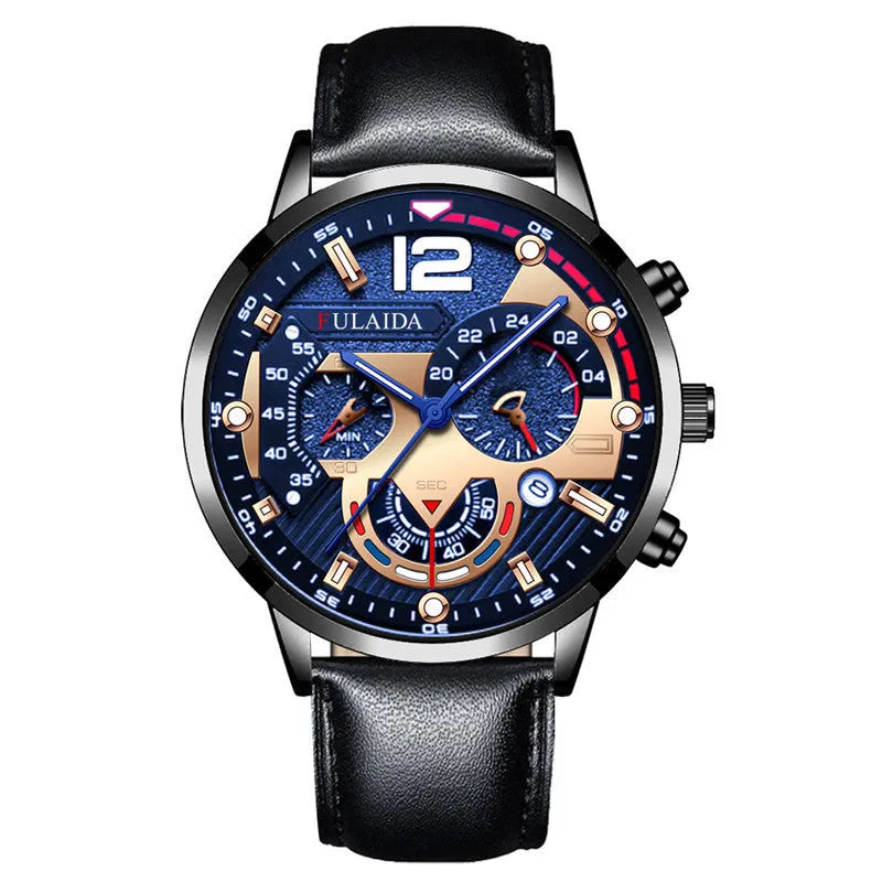Men's casual quartz watch with genuine leather strap, rose gold buckle, 37mm dial and calendar display