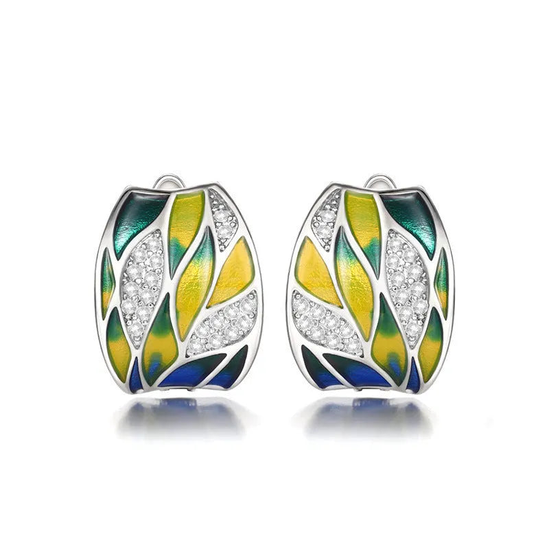 Pastoral style green mori enamel zircon ear clips with leaf motif, white gold colour on copper base