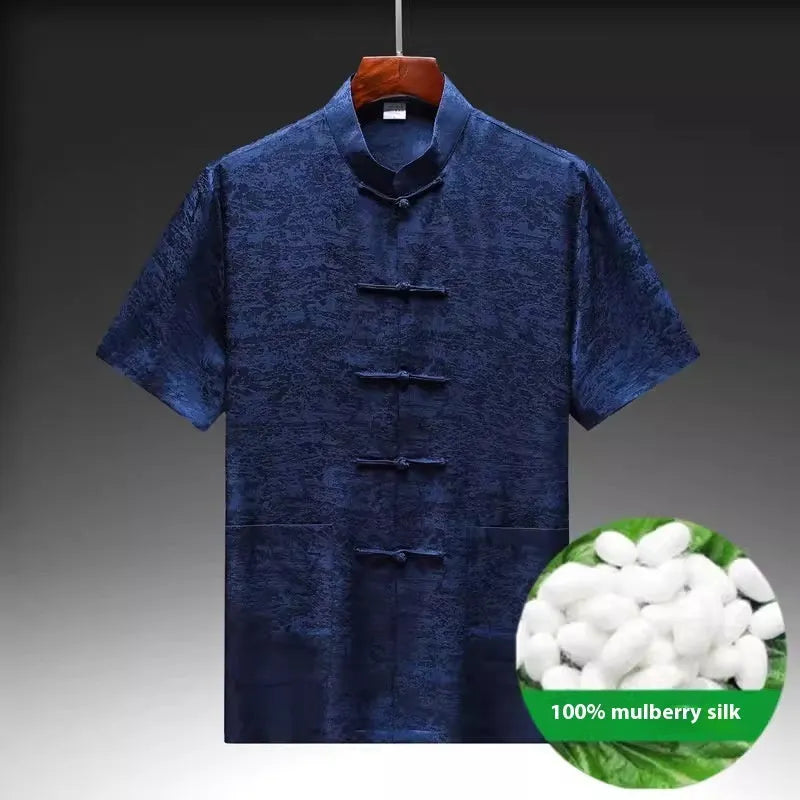 Traditional Chinese mulberry silk Tang suit for middle-aged men in light green colour
