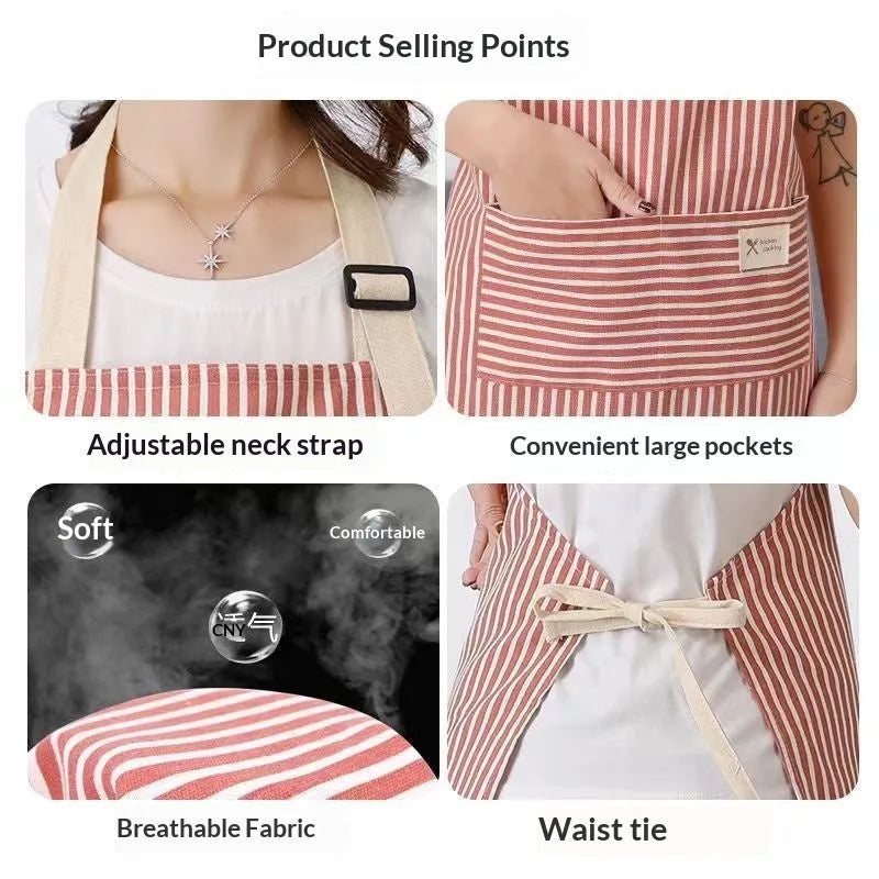 Linen stripe apron in blue, breathable kitchen apron for household chores, one size
