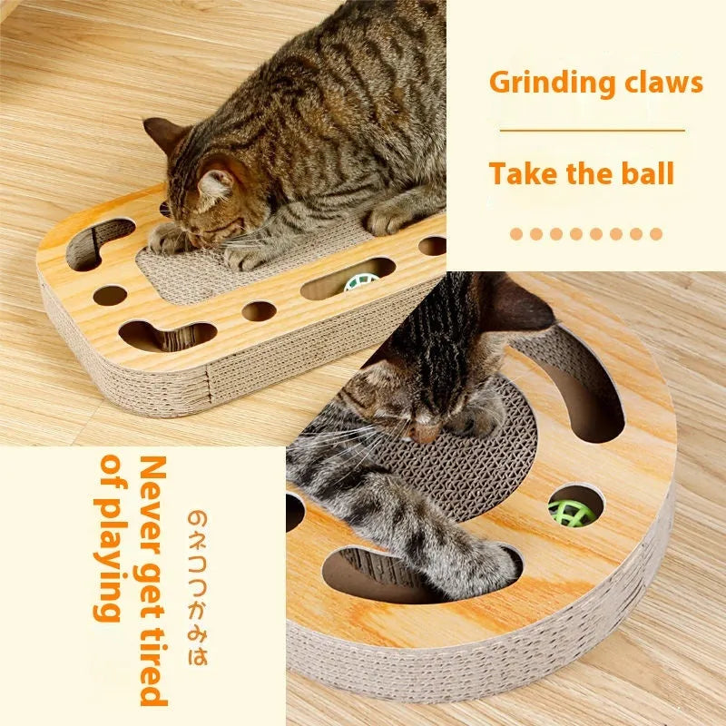 Cat scratching board toy with corrugated paper surface and plastic ball in multiple style options