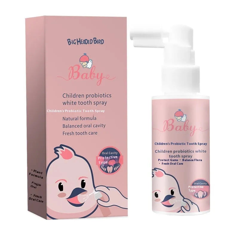 Children's probiotic teeth cleaning spray in 40ml bottle with strawberry and orange flavour options