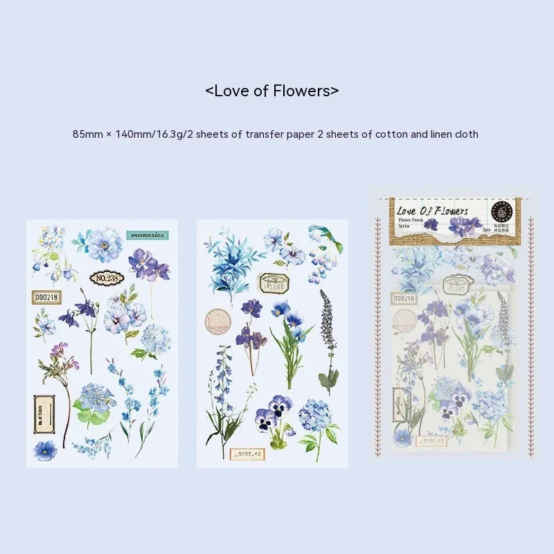 Huazhisen series printable sticker pack with forest and floral art designs on 85mm by 180mm sheets.