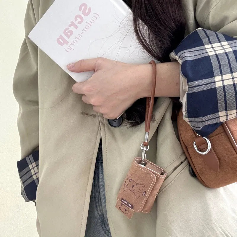Brown imitation leather AirPods protective case with cartoon West Highland dog and frosted finish