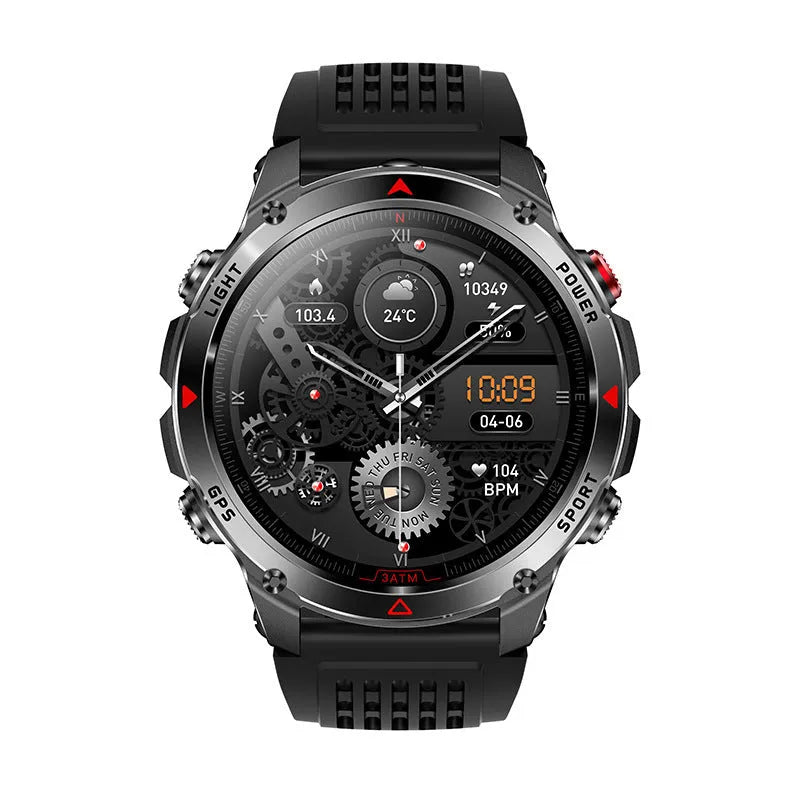 Black smart sports watch with GPS, flashlight, compass, Bluetooth calling, silicone strap, and TFT screen showing heart rate data
