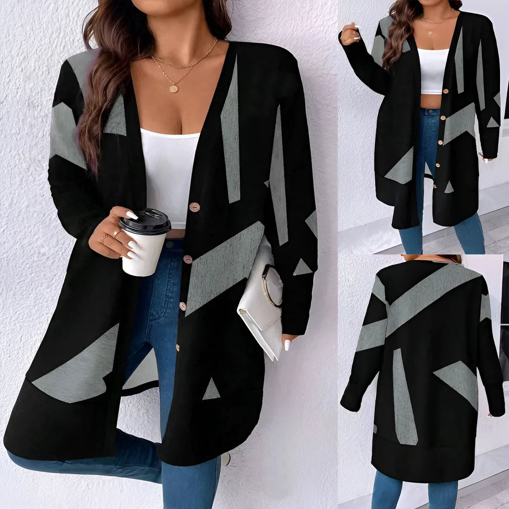 Black loose-fitting plus size women's cardigan coat with button stitching detail
