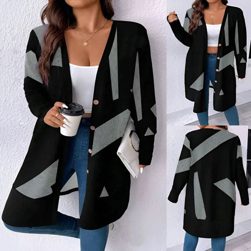 Black loose-fitting plus size women's cardigan coat with button stitching detail