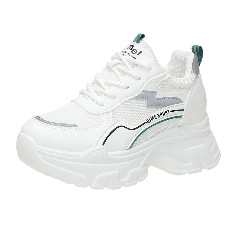 Women's white breathable dad shoes with height-increasing insole and cross shoulder straps