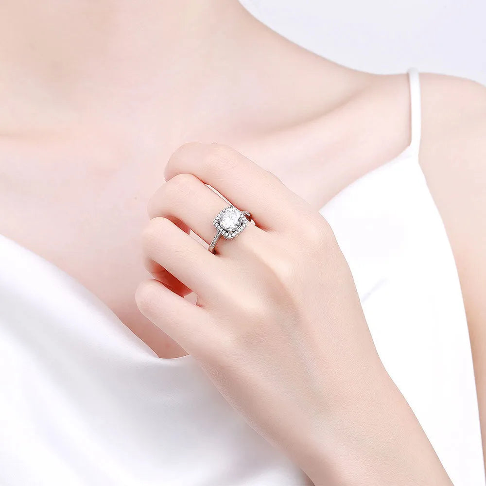 Silver adjustable moissanite ring with four-claw micro-inlaid square bag setting, geometric shape, women's ring