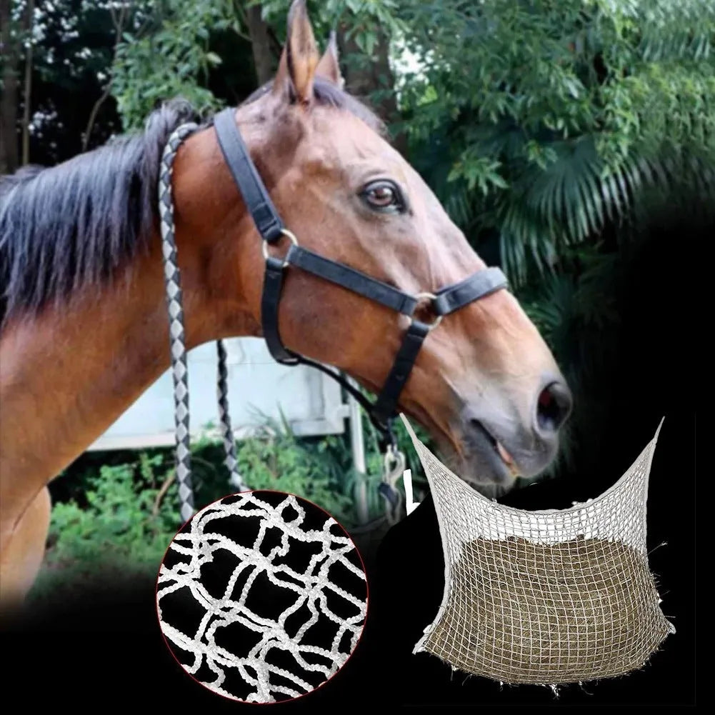 Woven PE rope horse hanging feeding bag in black or white for cattle and sheep