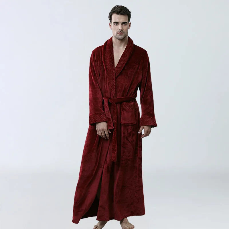 Men's winter flannel nightgown in gray with cardigan style, long sleeves, and knitted texture