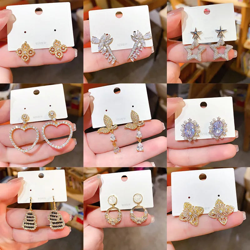 Light luxury heart-shaped zircon inlaid copper ear studs for women, gold, silver, purple, blue colours, geometric design