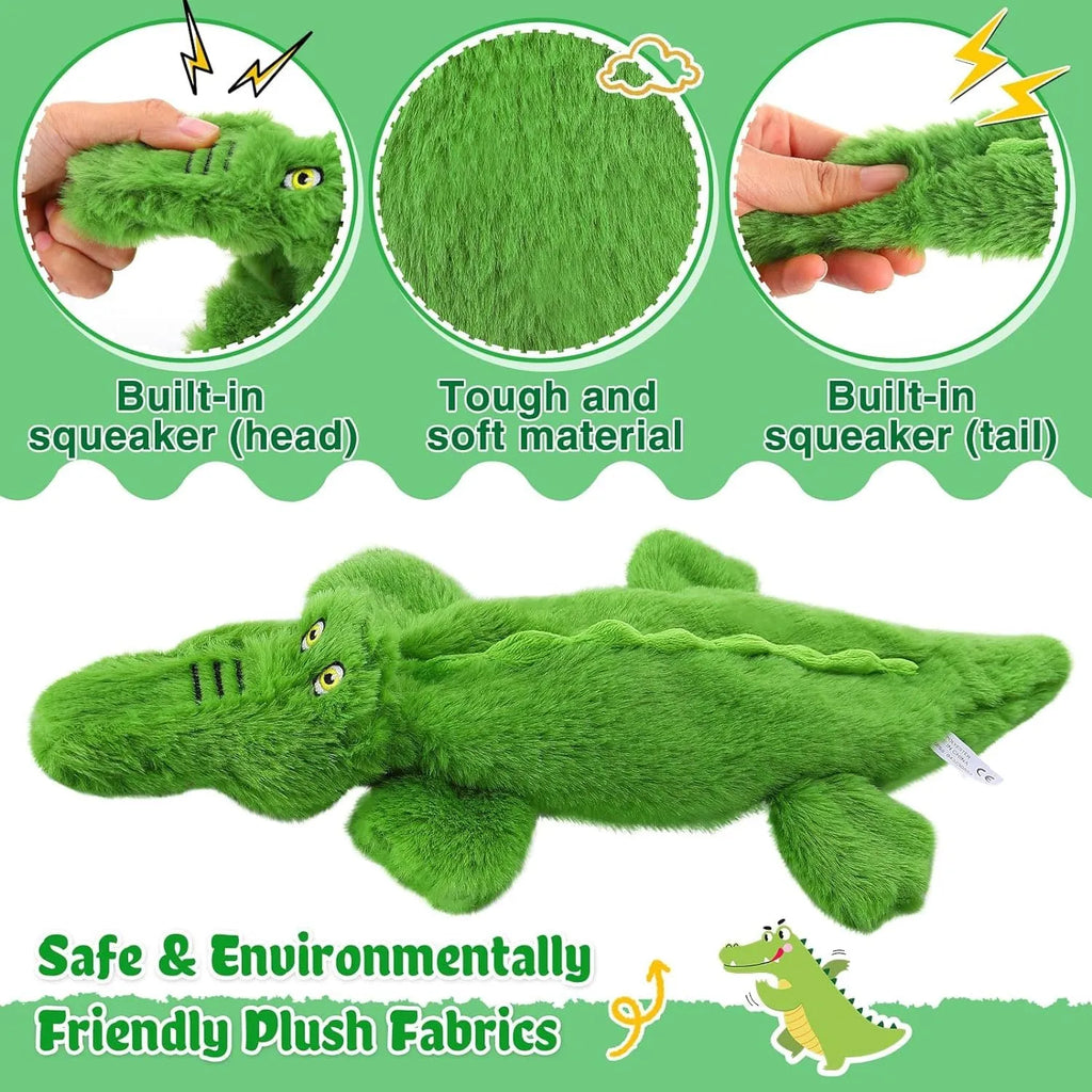 Green crocodile-shaped plush dog toy with no stuffing, for aggressive chewers