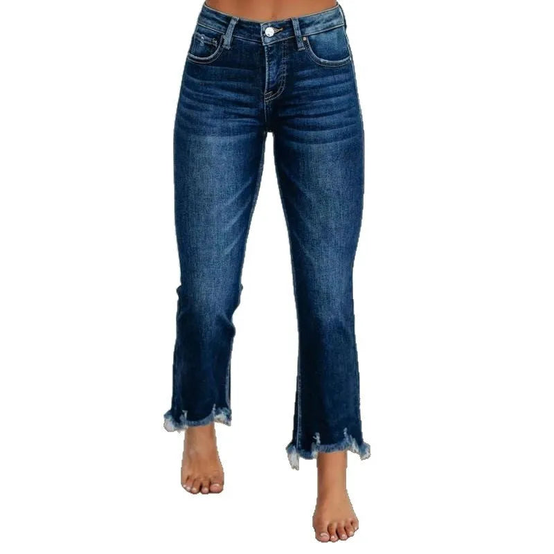 Women's casual denim jeans in dark blue and light blue with hand-worn finish