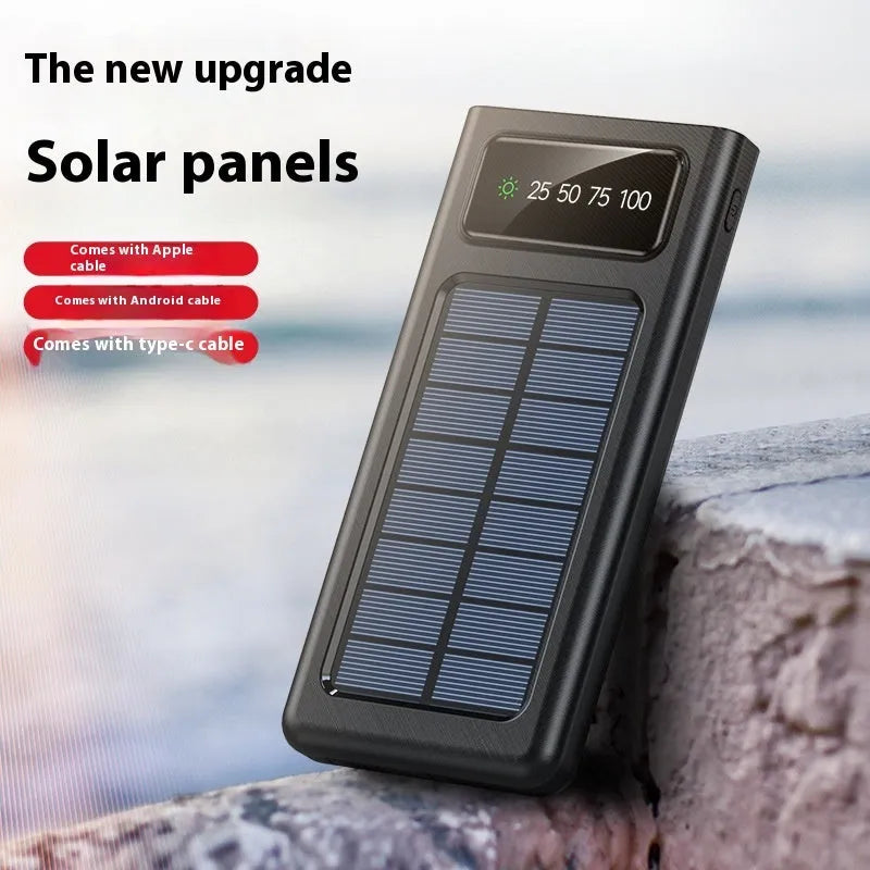 Black solar power bank with integrated charging cable showing 20000mAh capacity and solar panel