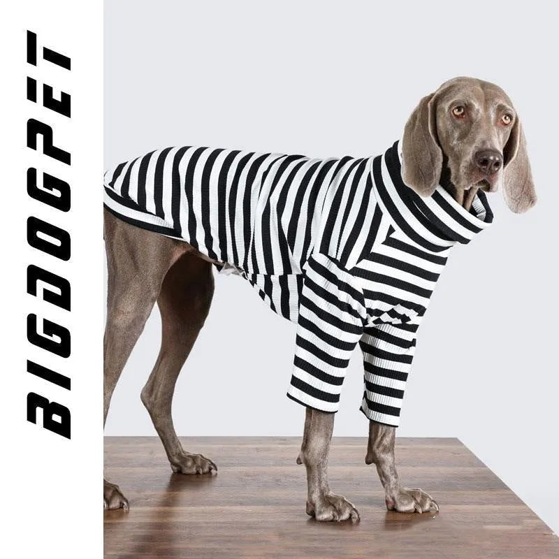 Black and white polyester dog clothing for large breeds with thin inner fabric shown in multiple size options