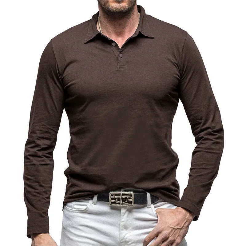 Men's long sleeve cotton t-shirt with a polo collar in an American retro style, shown in Dark Grey.