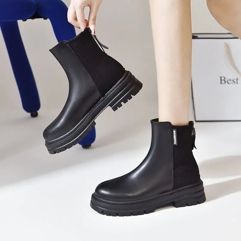 Women's British style platform Martin boots in solid black with rubber sole, low tube design, sizes 35-43